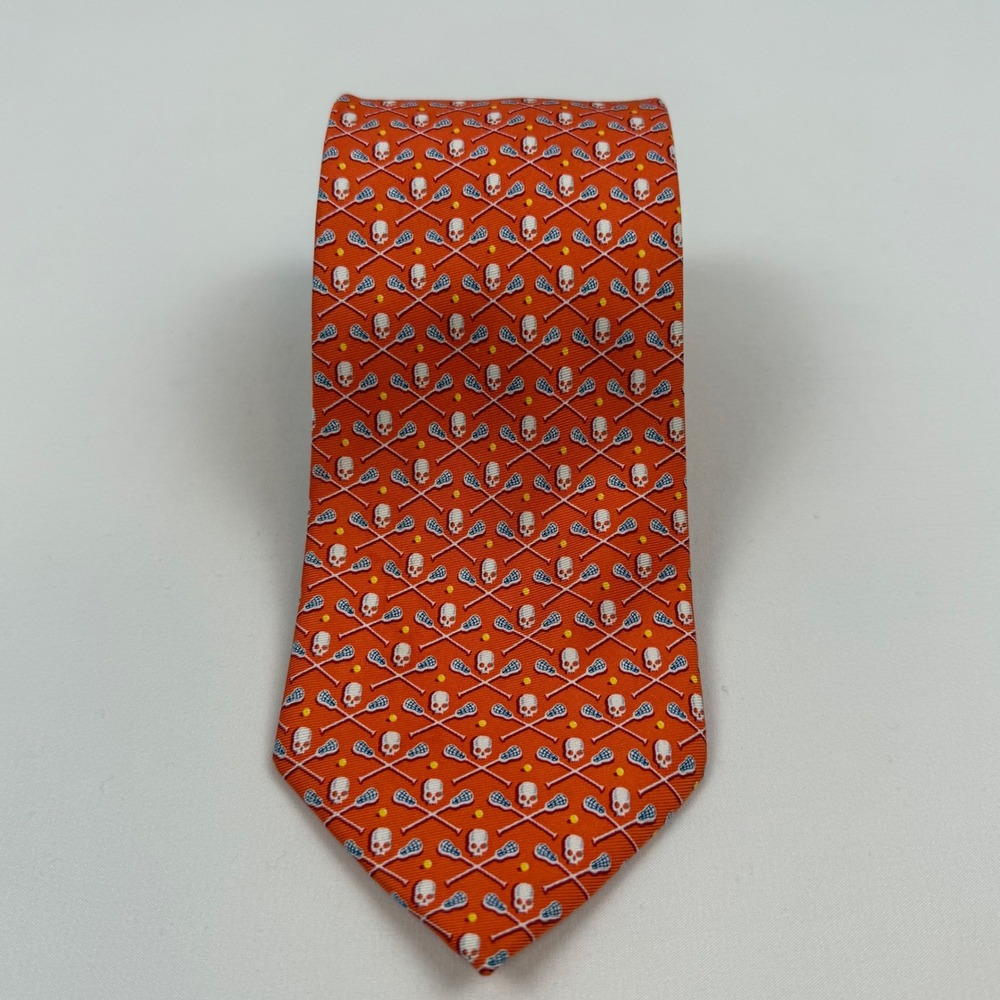 Bird Dog Bay Mens Orange Lacrosse Stick Skull Print Silk Neck Tie - Picture 2 of 7